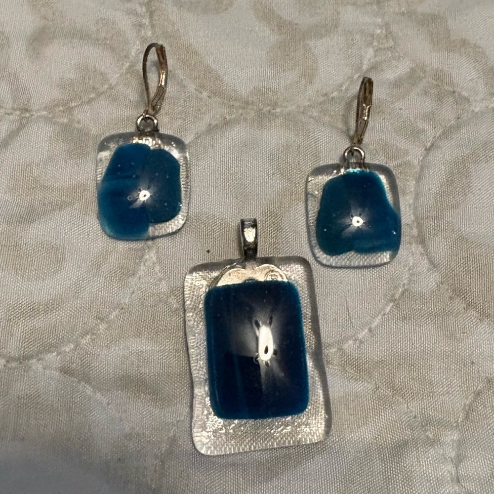Elegant Blue and Silver Hand Crafted Fused Glass Jewelry Set